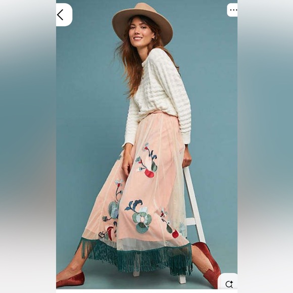 Anthropologie Akemi + Kin Embroidered Floral Tulle Maxi Skirt with Fringe Hem 14 - Picture 13 of 15